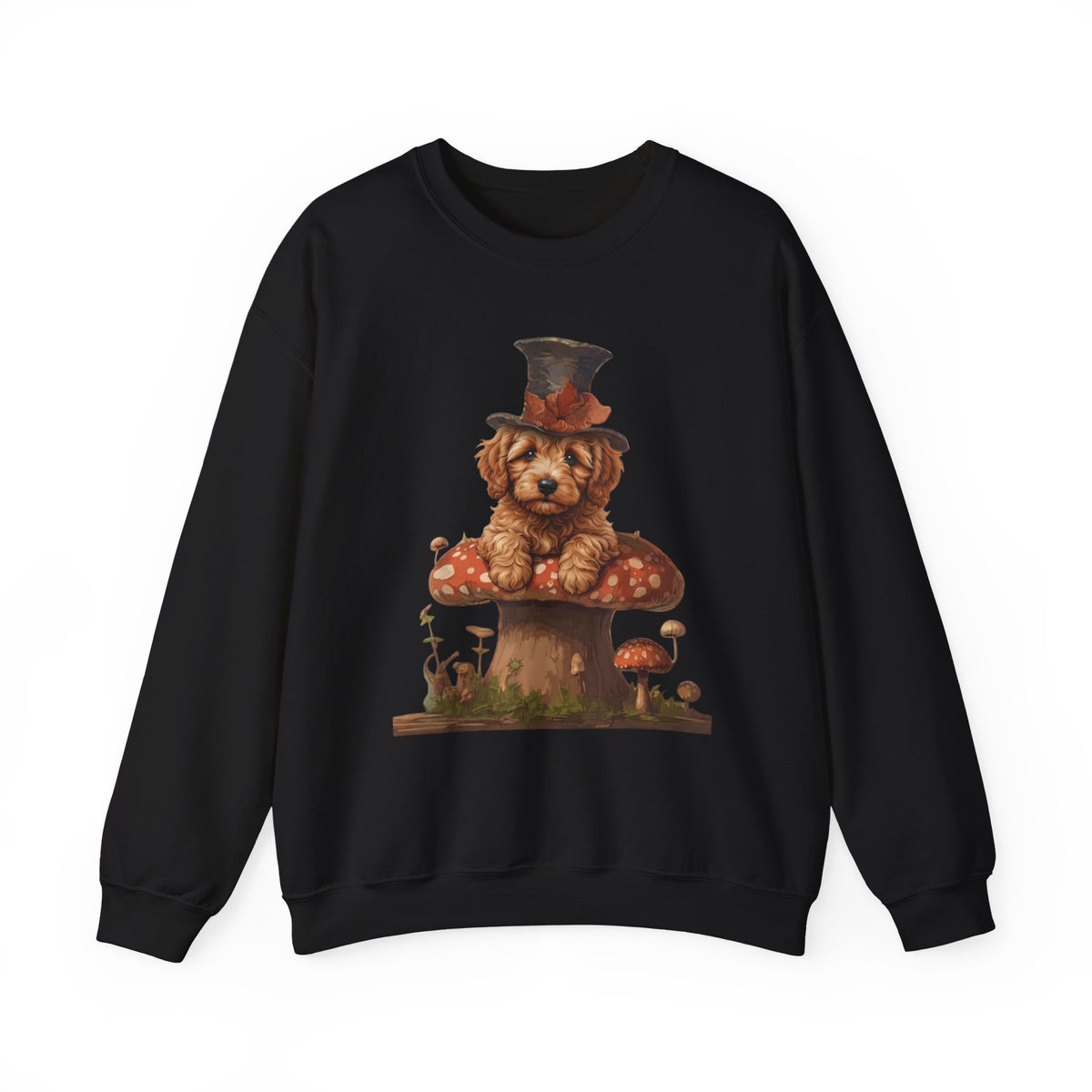 Whimsical Doodle Dog Sweatshirt, Doodle in Top Hat on Mushroom, Cute Goldendoodle Crewneck, Cottagecore Dog Lover Gift, Magical Dog Mom Pullover