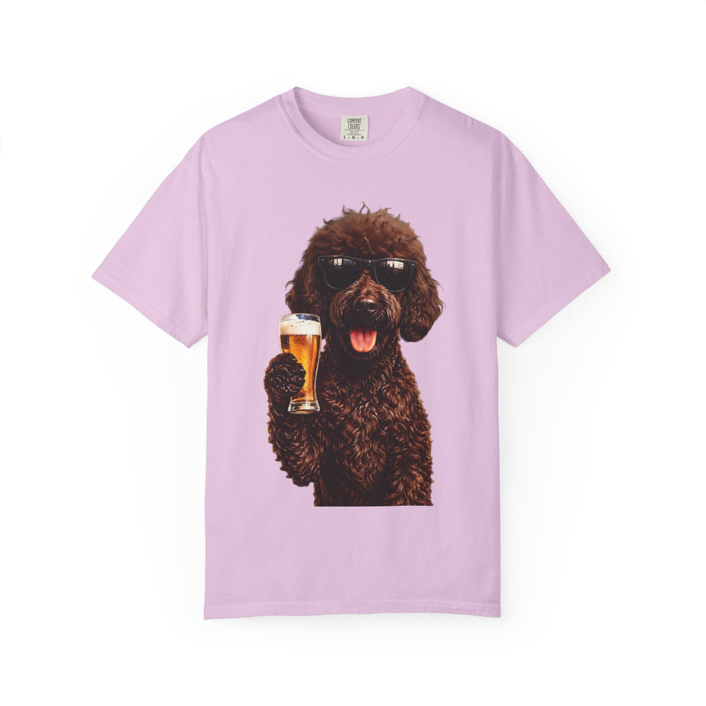 RED DOODLE — Sunglasses on. Beer in paw. Good times ahead.
