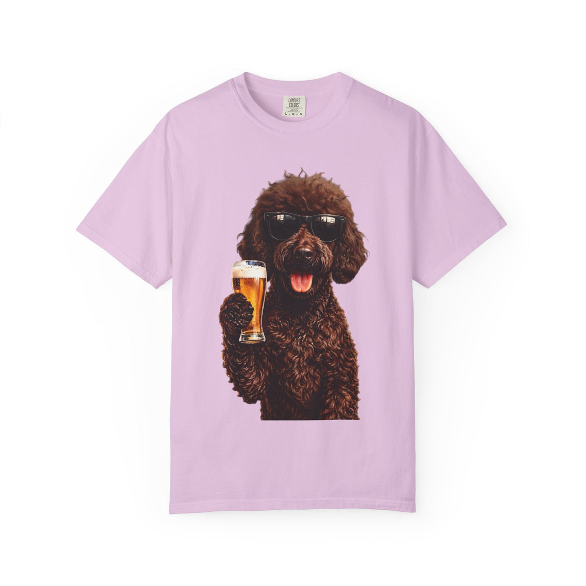 RED DOODLE — Sunglasses on. Beer in paw. Good times ahead.