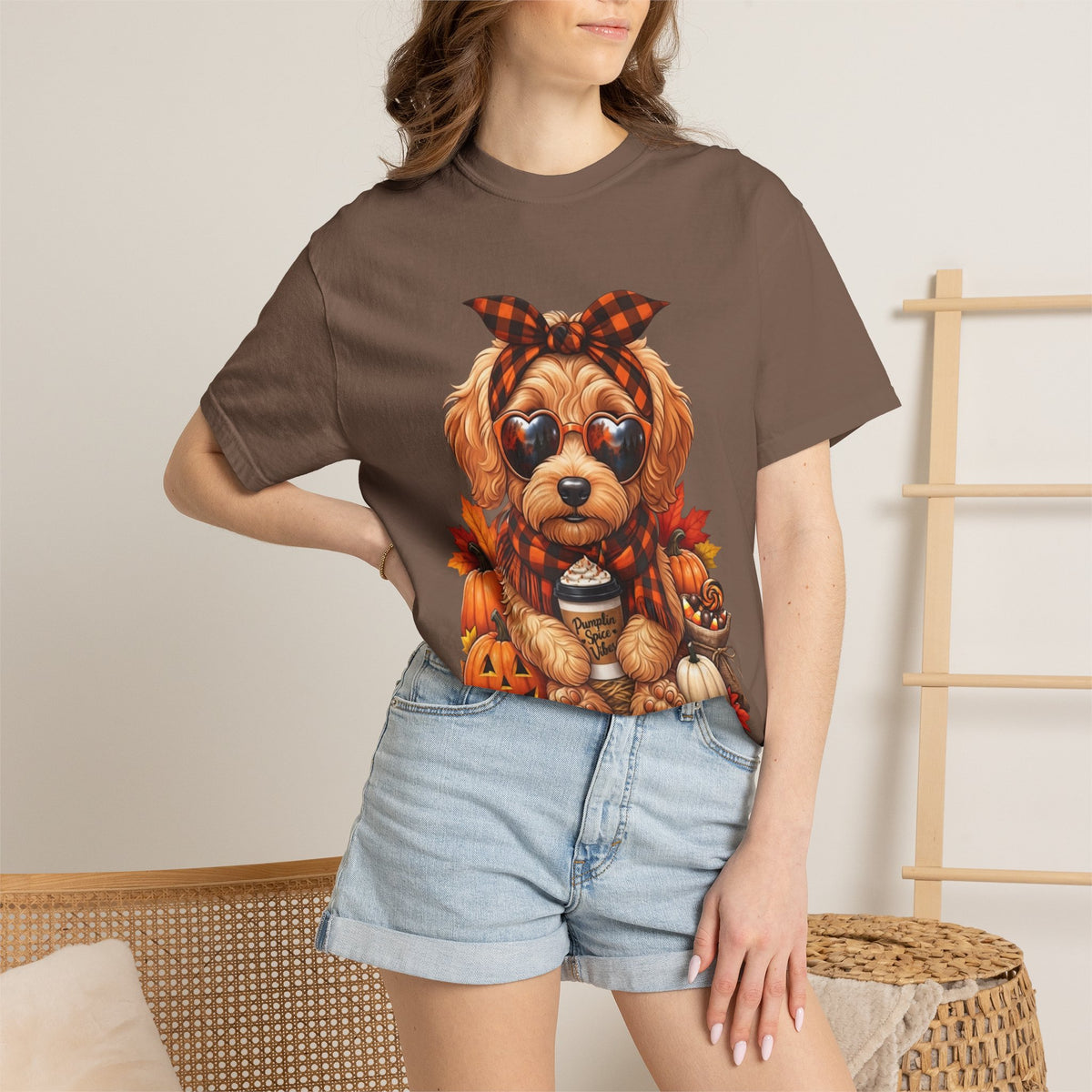 Funny Doodle Drinking Coffee & Sitting On Pumpkins Fall T-Shirt