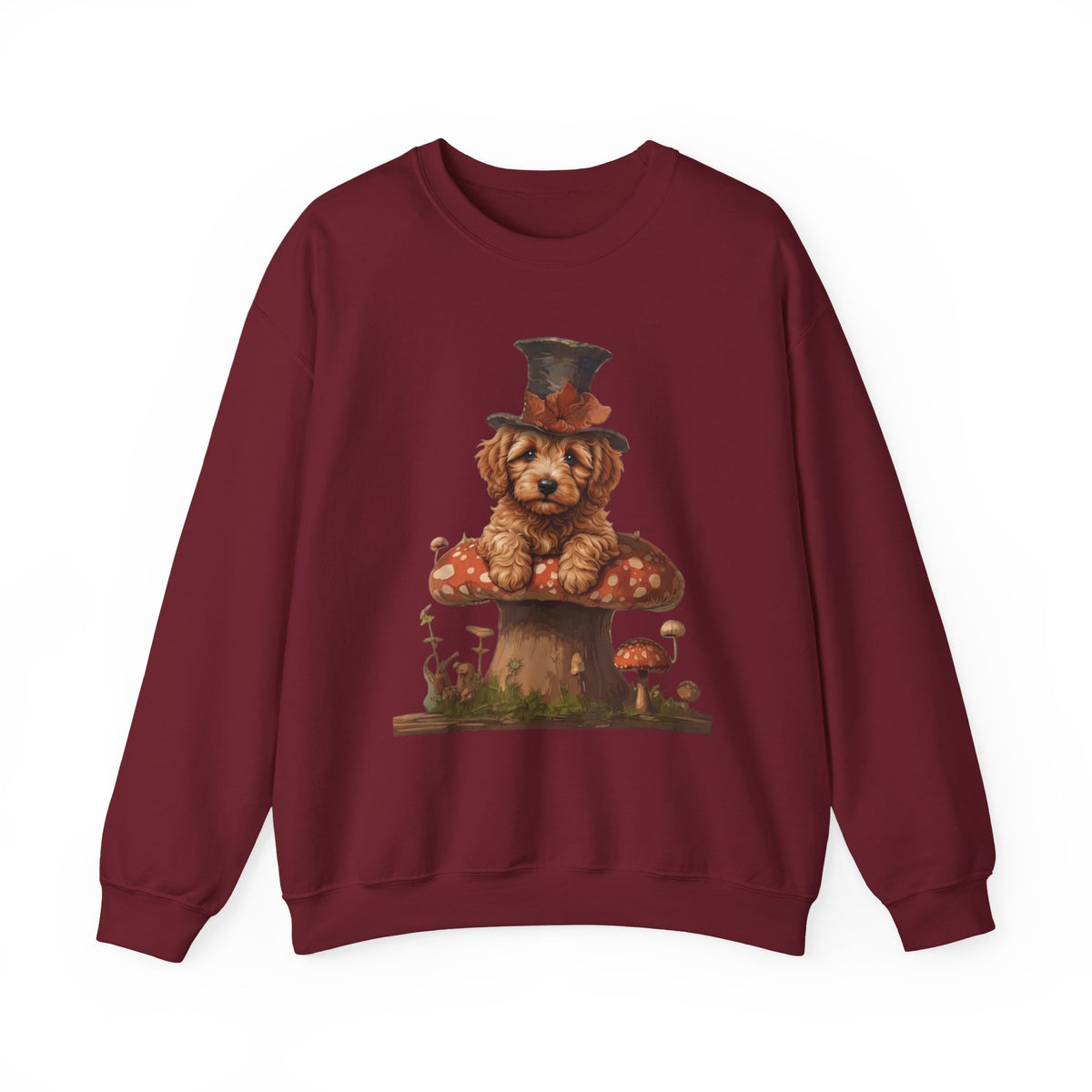 Whimsical Doodle Dog Sweatshirt, Doodle in Top Hat on Mushroom, Cute Goldendoodle Crewneck, Cottagecore Dog Lover Gift, Magical Dog Mom Pullover