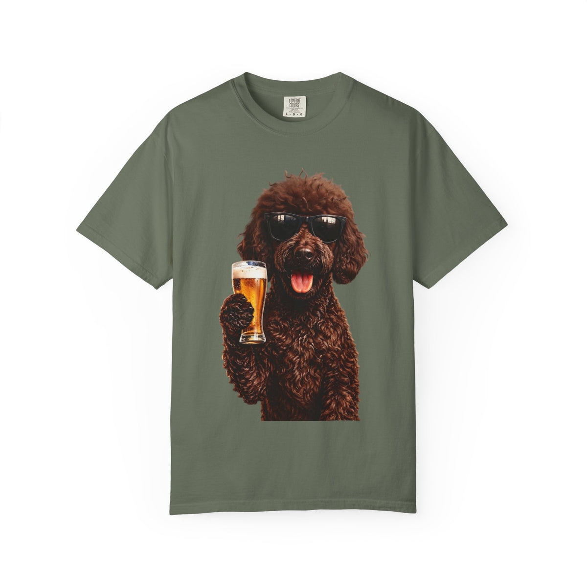 RED DOODLE — Sunglasses on. Beer in paw. Good times ahead.