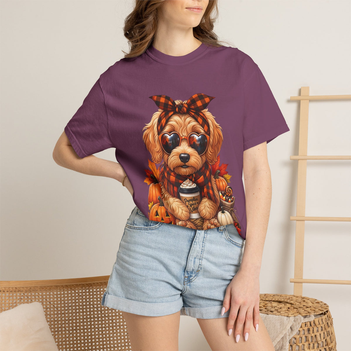 Funny Doodle Drinking Coffee & Sitting On Pumpkins Fall T-Shirt