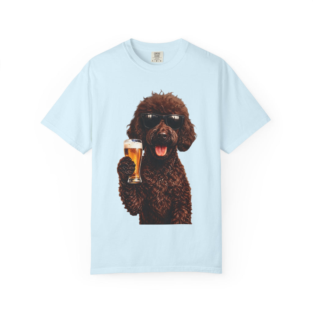 RED DOODLE — Sunglasses on. Beer in paw. Good times ahead.