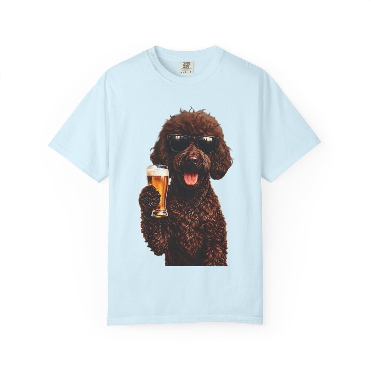 RED DOODLE — Sunglasses on. Beer in paw. Good times ahead.
