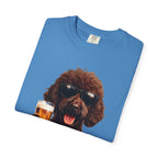 RED DOODLE — Sunglasses on. Beer in paw. Good times ahead.