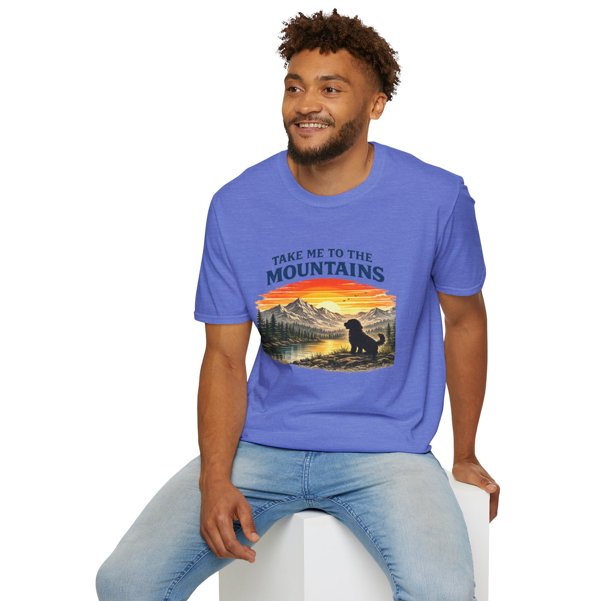 Take Me to the Mountains T‑Shirt — Sunset Mountain Landscape with Dog