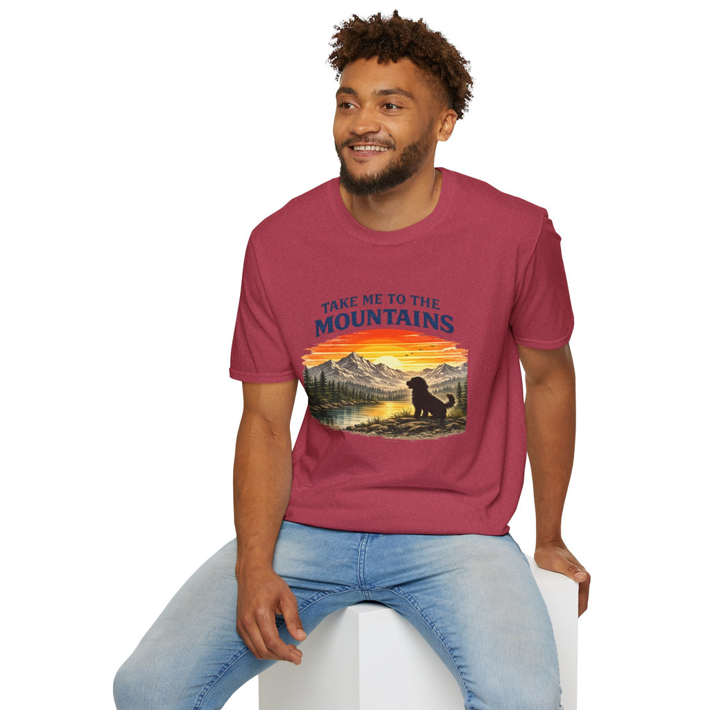 Take Me to the Mountains T‑Shirt — Sunset Mountain Landscape with Dog
