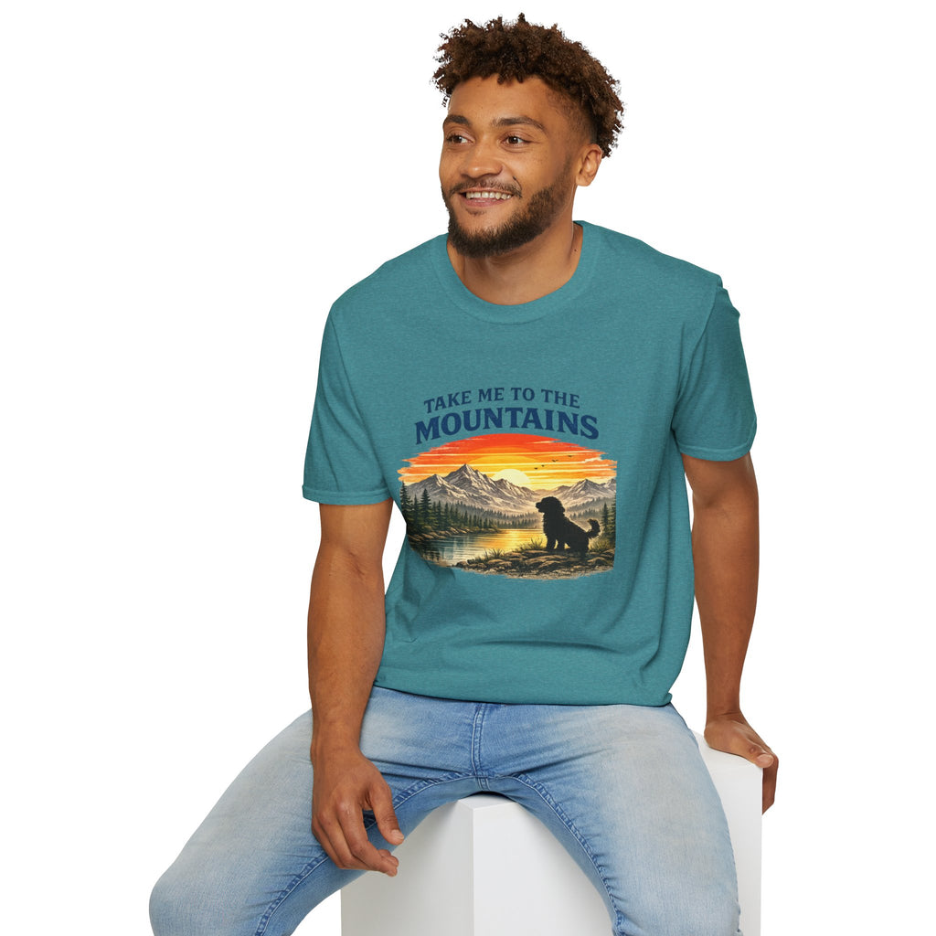 Take Me to the Mountains T‑Shirt — Sunset Mountain Landscape with Dog