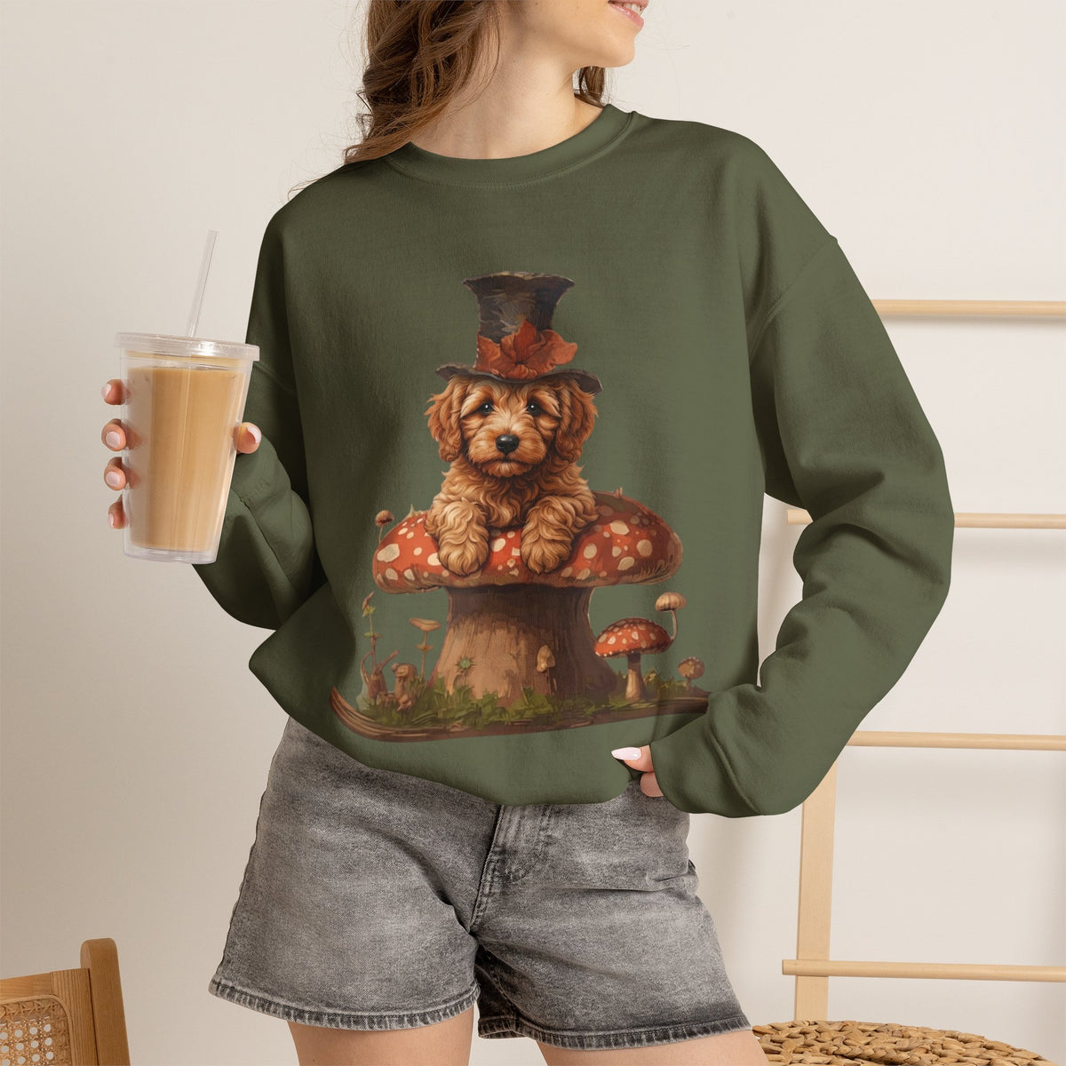 Whimsical Doodle Dog Sweatshirt, Doodle in Top Hat on Mushroom, Cute Goldendoodle Crewneck, Cottagecore Dog Lover Gift, Magical Dog Mom Pullover