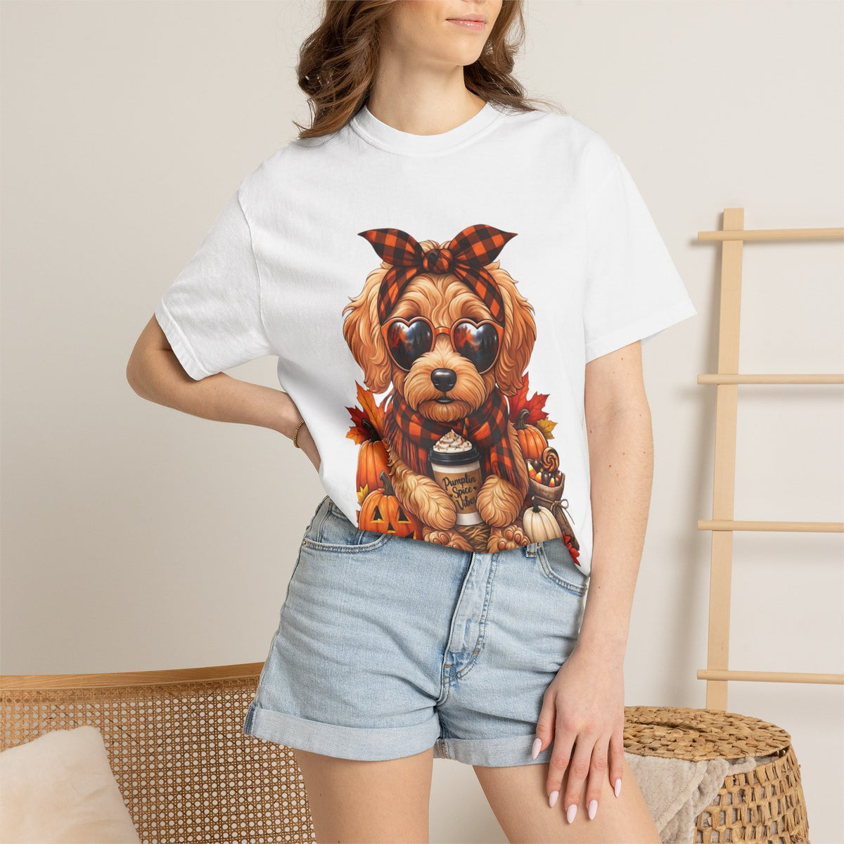 Funny Doodle Drinking Coffee & Sitting On Pumpkins Fall T-Shirt