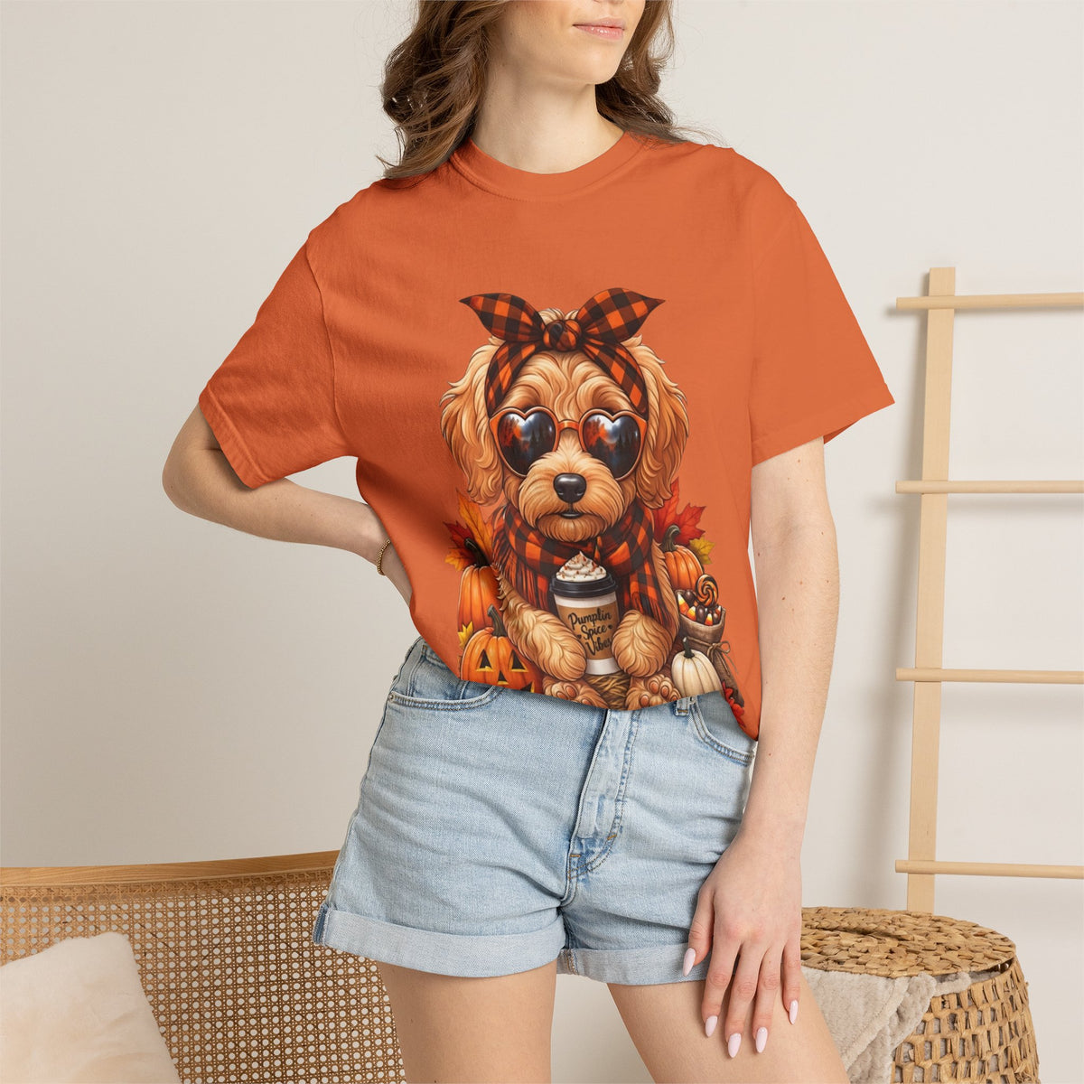 Funny Doodle Drinking Coffee & Sitting On Pumpkins Fall T-Shirt