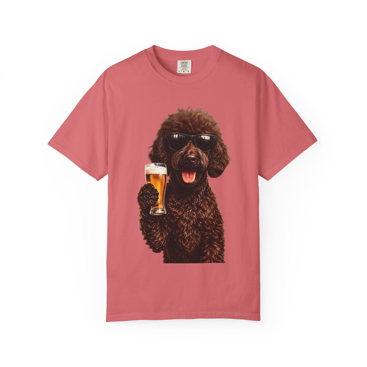RED DOODLE — Sunglasses on. Beer in paw. Good times ahead.