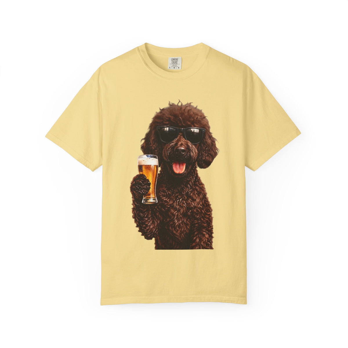 RED DOODLE — Sunglasses on. Beer in paw. Good times ahead.