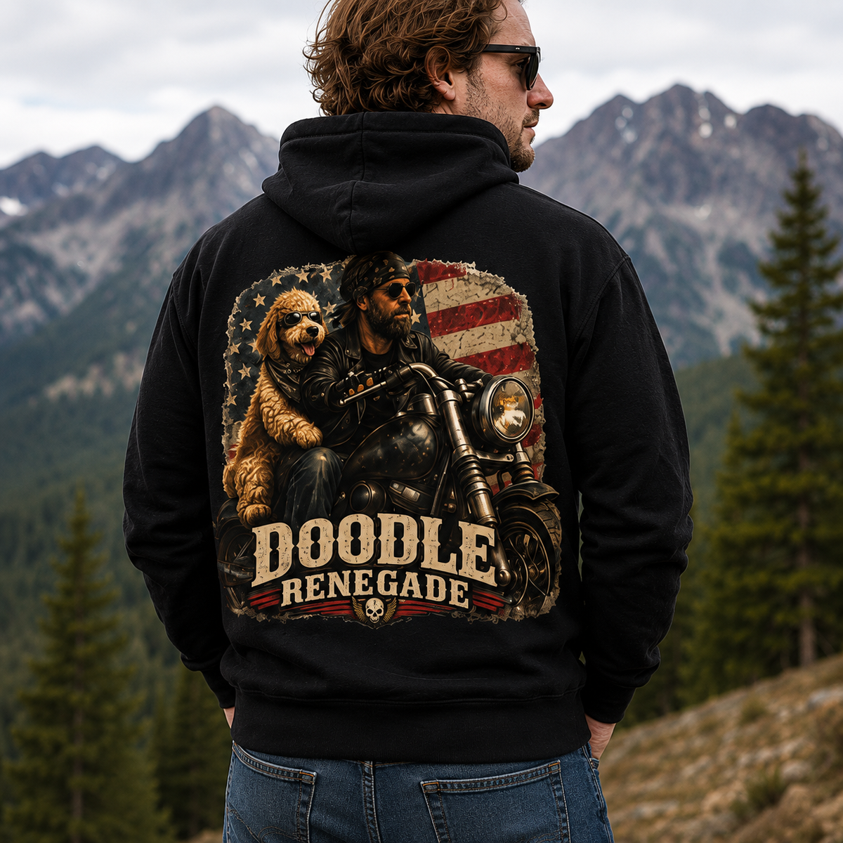 Renegade Doodle Mans Hoodie - Two wheels, four paws, and no road too far.
