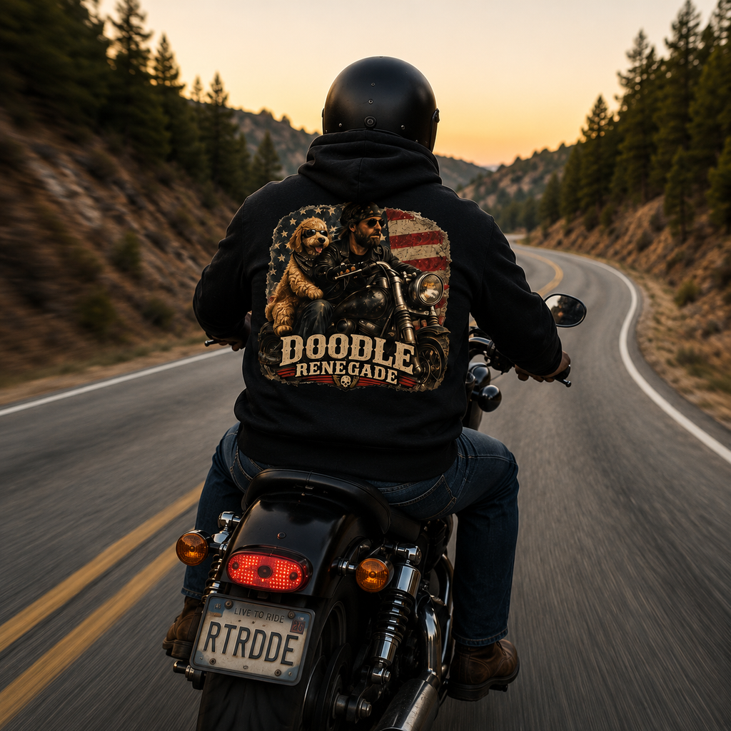 Renegade Doodle Mans Hoodie - Two wheels, four paws, and no road too far.
