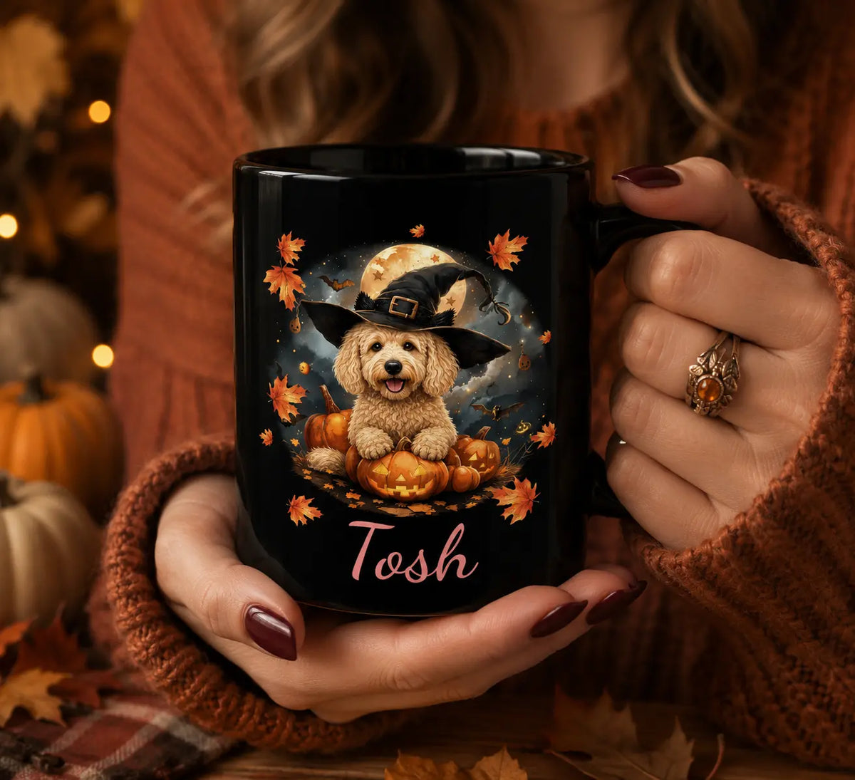 Personalized Black Doodle Halloween Mug, Pumpkin Dog Mug, Cute Spooky Fall Coffee Cup, Doodle Lover Gift, Autumn Dog Mom Mug Printify