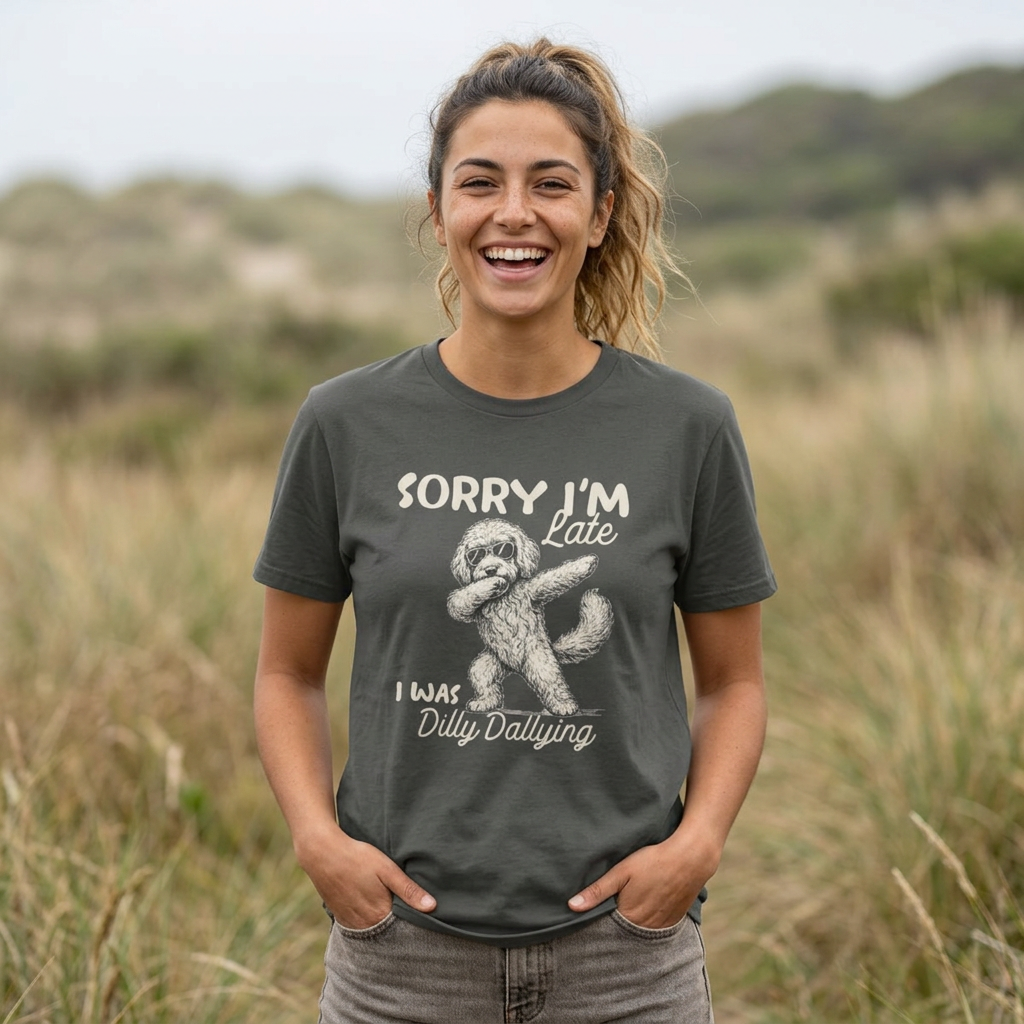 Funny Doodle, Sorry I'm Late I Was Dilly Dallying Comfort Colors T-Shirt, Sarcastic Humor Tee Everbee logo Analyze listing