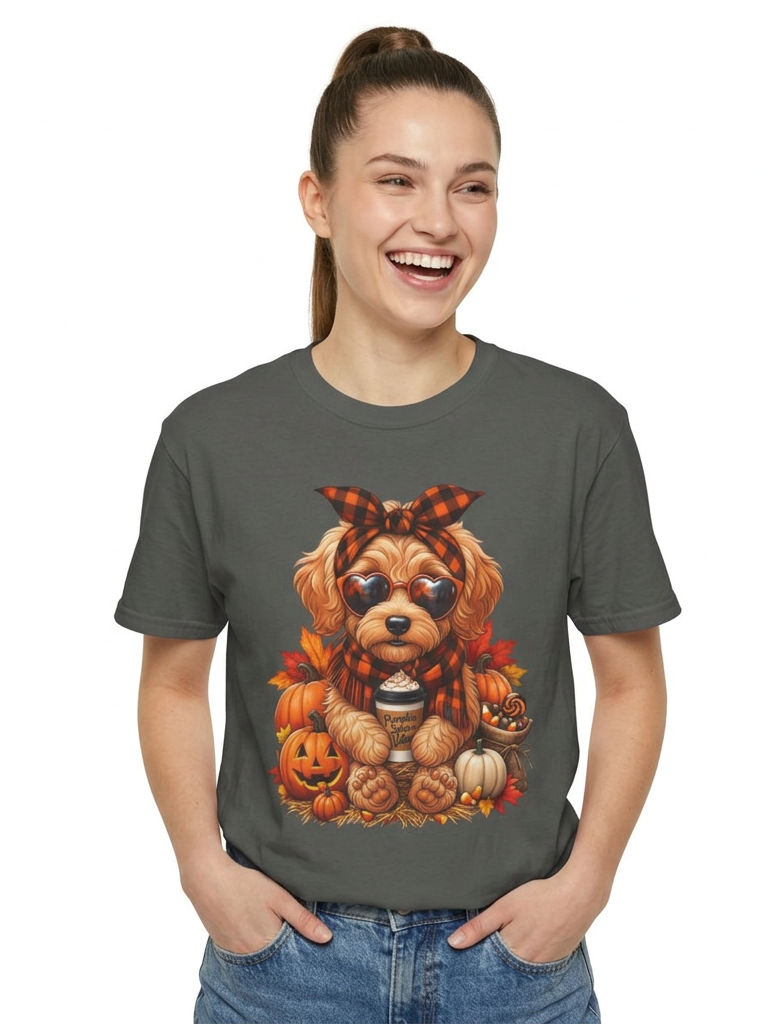 Funny Doodle Drinking Coffee & Sitting On Pumpkins Fall T-Shirt