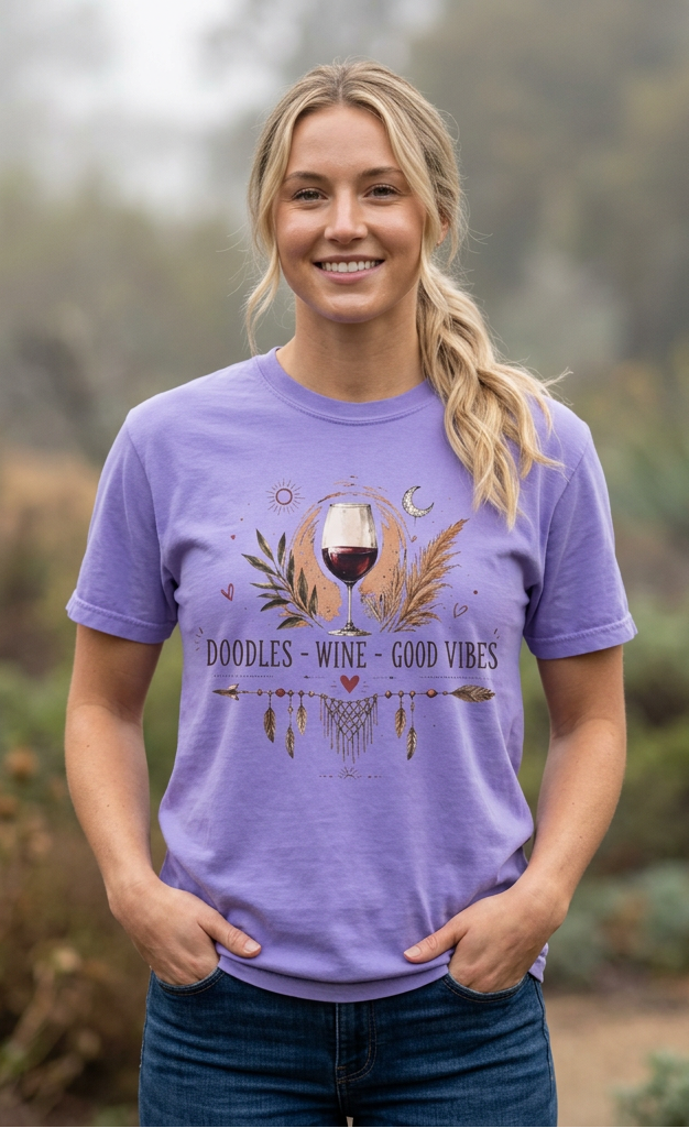 Doodles Wine Good Vibes T-Shirt for Doodle & Wine Lovers