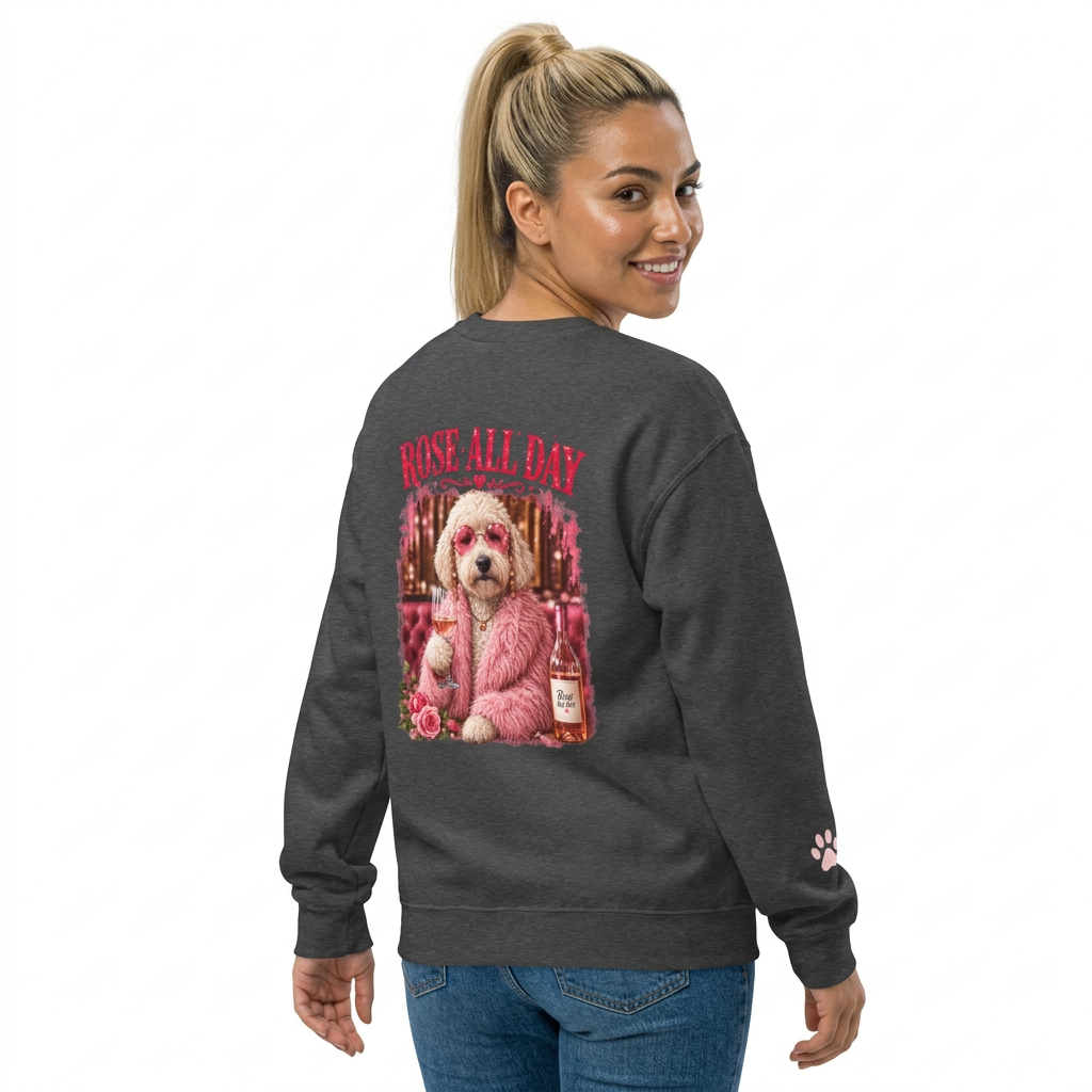 Rosé All Day Doodle Mom Sweatshirt, Vintage Dog Lover Crewneck, Pink Doodle Graphic, Gift for Wine & Doodle Lovers