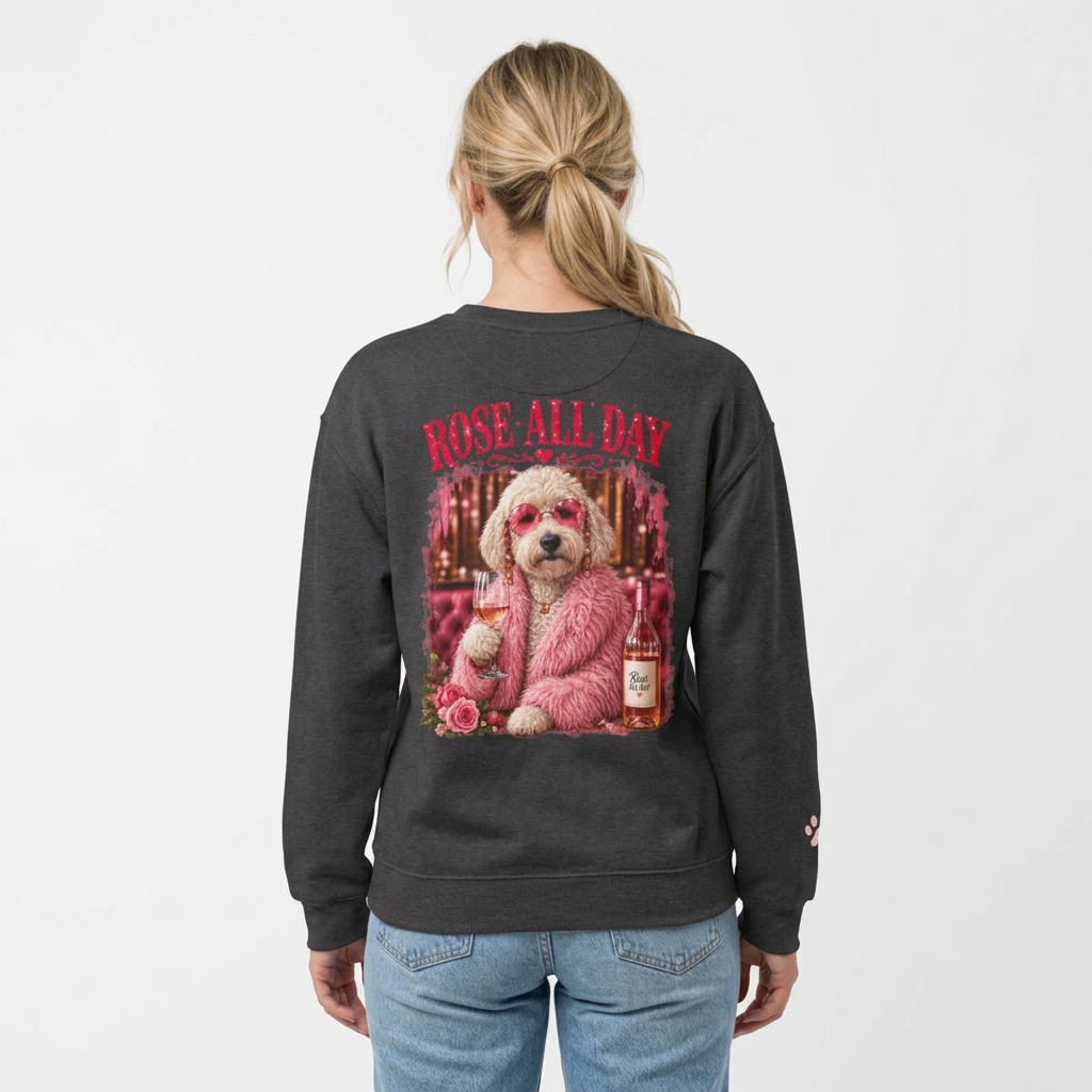 Rosé All Day Doodle Mom Sweatshirt, Vintage Dog Lover Crewneck, Pink Doodle Graphic, Gift for Wine & Doodle Lovers