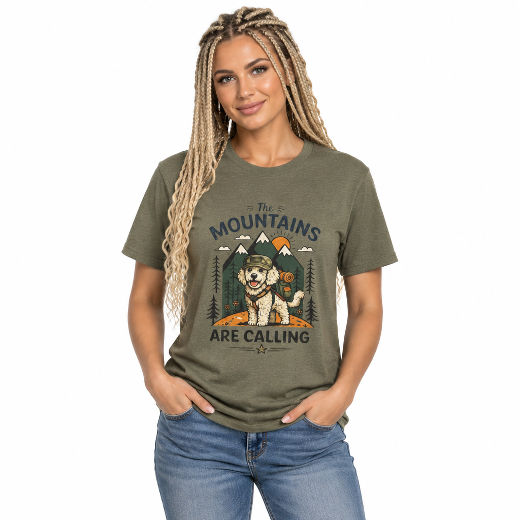 The Mountains Are Calling Doodle T-Shirt – Outdoor Adventure Dog Mom Tee – Goldendoodle Lover Shirt