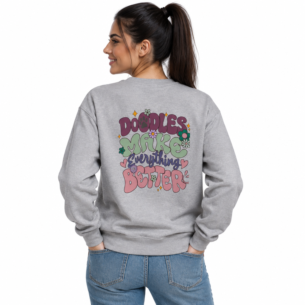 Doodle Mom - Doodles Make Everything Better Purple Heart Sweatshirt - Life’s better with paws, love, and a little retro groove.