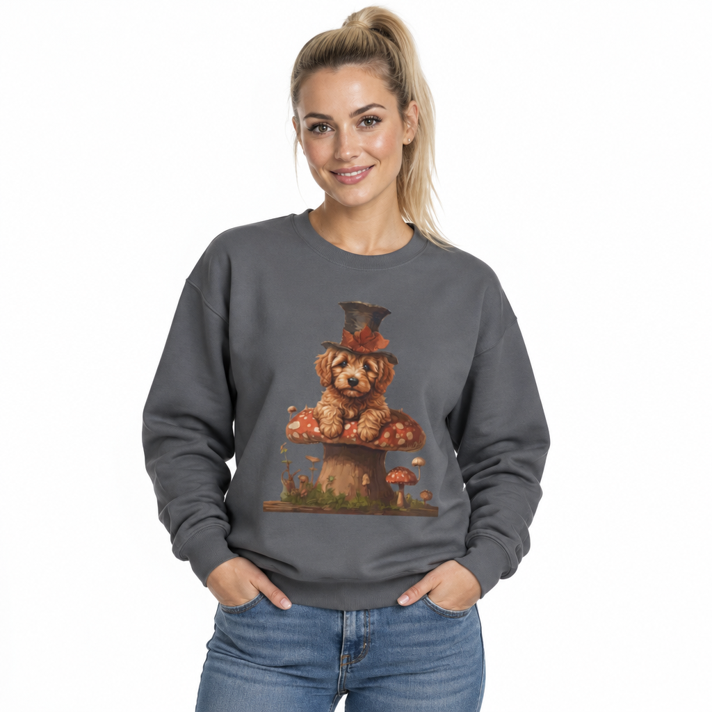 Whimsical Doodle Dog Sweatshirt, Doodle in Top Hat on Mushroom, Cute Goldendoodle Crewneck, Cottagecore Dog Lover Gift, Magical Dog Mom Pullover