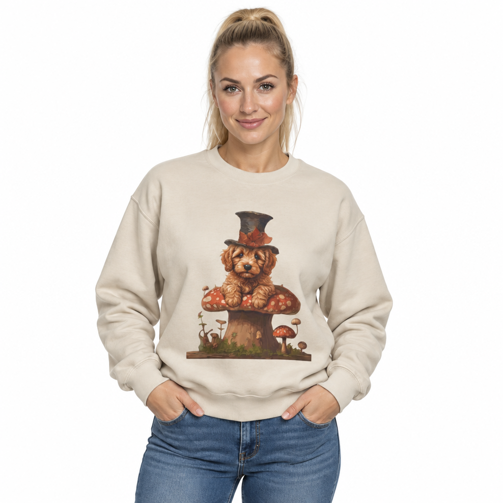 Whimsical Doodle Dog Sweatshirt, Doodle in Top Hat on Mushroom, Cute Goldendoodle Crewneck, Cottagecore Dog Lover Gift, Magical Dog Mom Pullover
