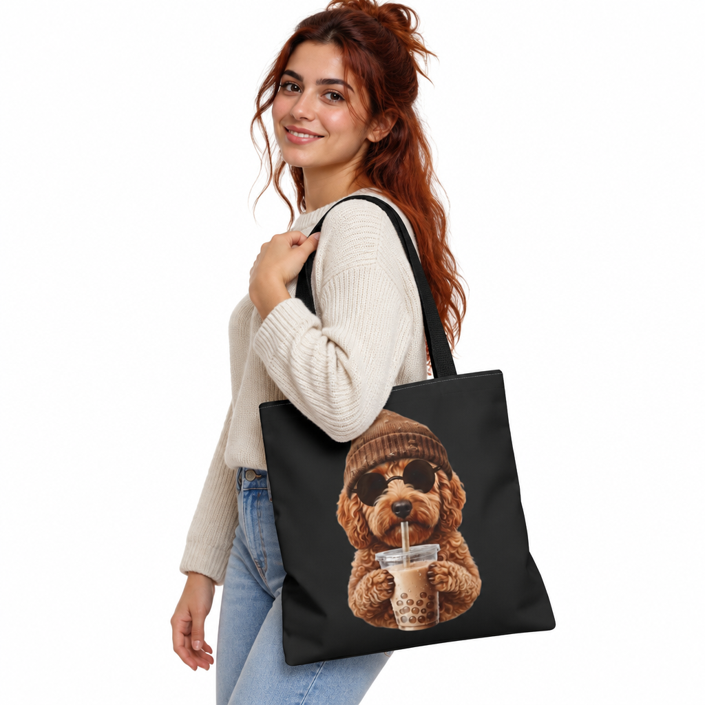 Hipster Dog Tote Bag - Funny Coffee Drinking Dog Graphic - Cute Everyday Shopper - Doodle Mom Gift