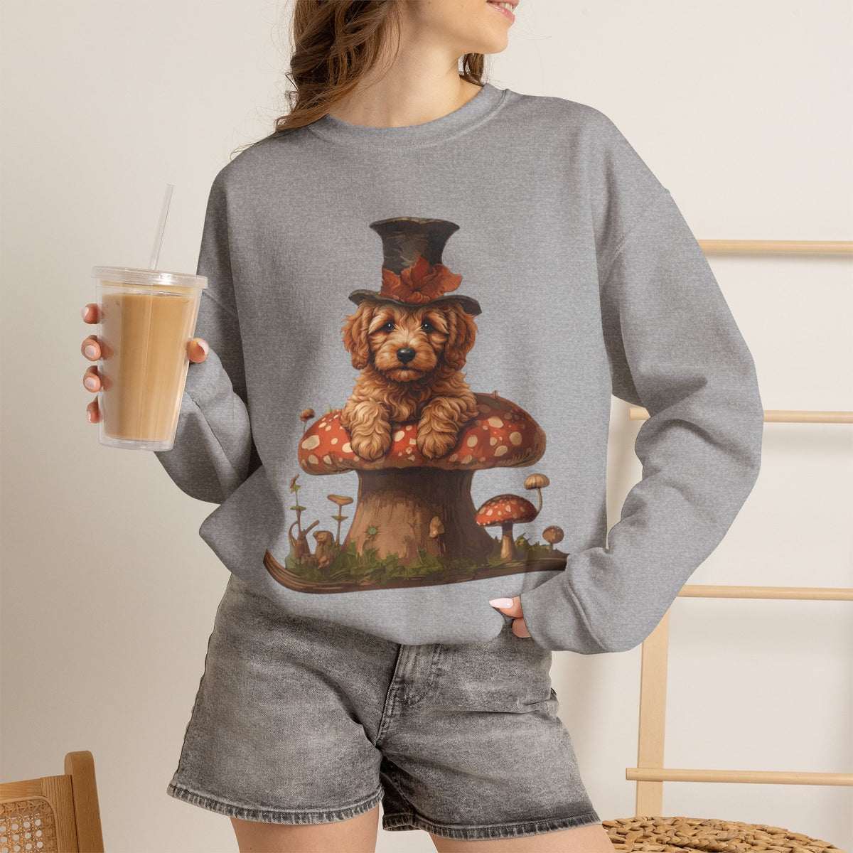 Whimsical Doodle Dog Sweatshirt, Doodle in Top Hat on Mushroom, Cute Goldendoodle Crewneck, Cottagecore Dog Lover Gift, Magical Dog Mom Pullover