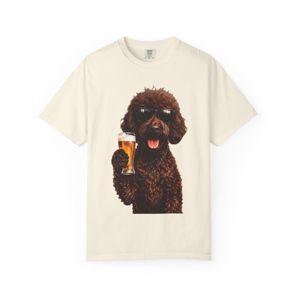 RED DOODLE — Sunglasses on. Beer in paw. Good times ahead.