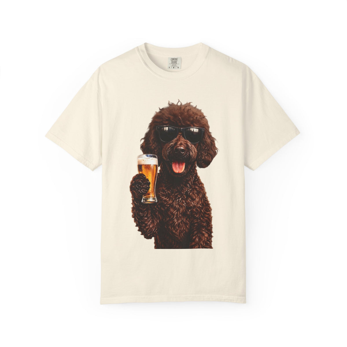 RED DOODLE — Sunglasses on. Beer in paw. Good times ahead.