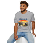 Take Me to the Mountains T‑Shirt — Sunset Mountain Landscape with Dog