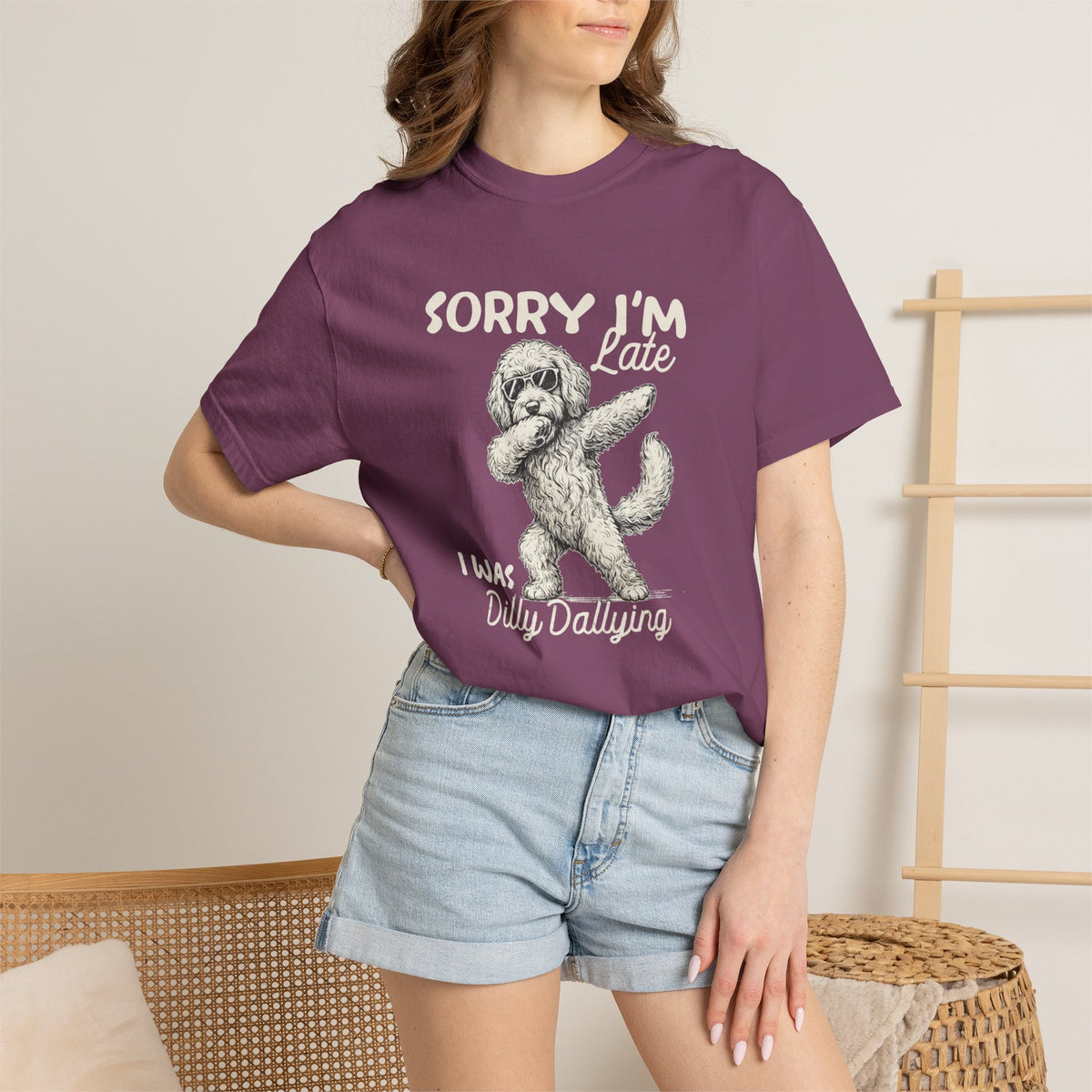 Funny Doodle Mom T- Shirt - Sorry I'm Late I Was Dilly Dallying  - Gift for Mom- Labradoodle - Sheepadoodle - Aussiedoodle - Berendoodley I’m Late I Was Dilly Dallying T-Shirt -