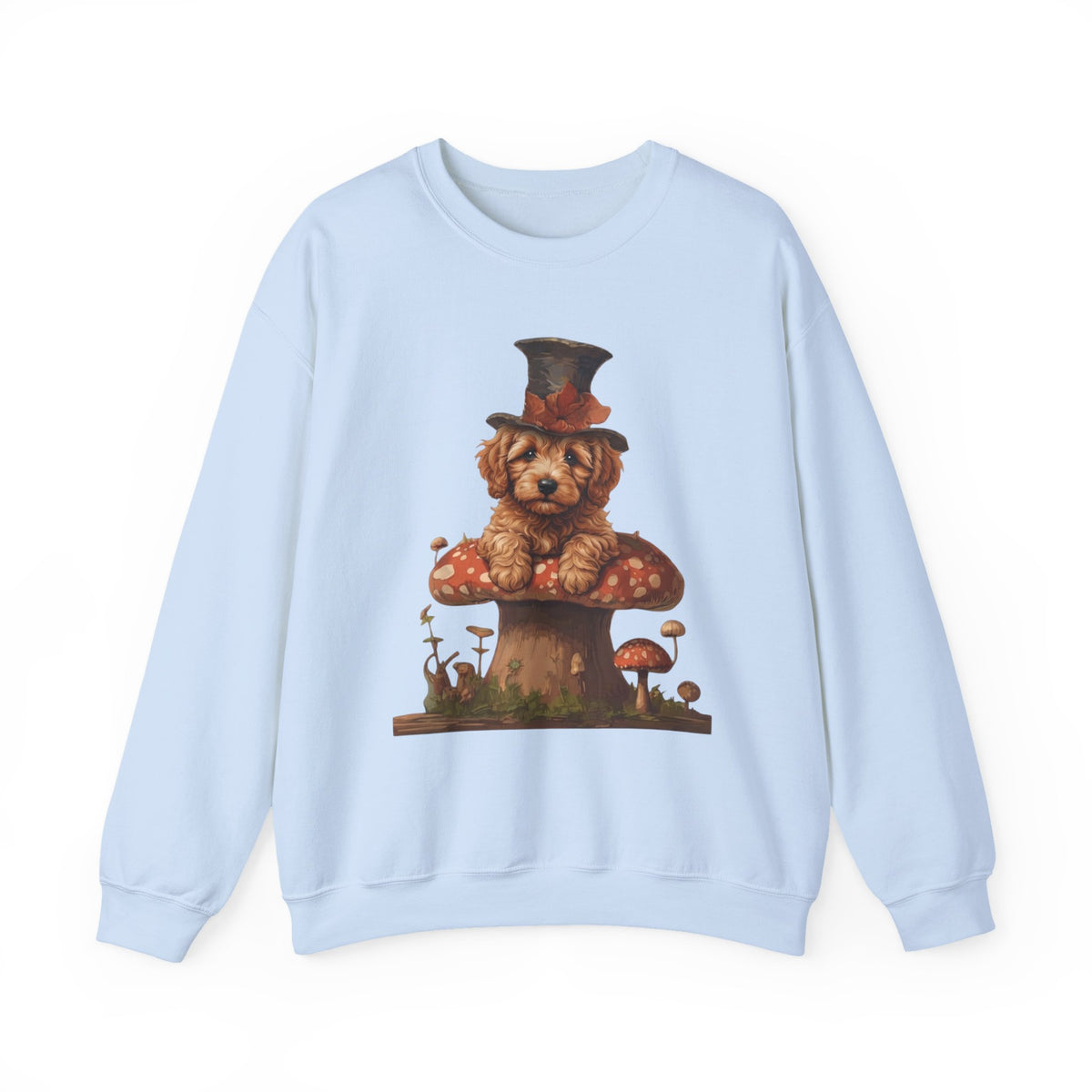 Whimsical Doodle Dog Sweatshirt, Doodle in Top Hat on Mushroom, Cute Goldendoodle Crewneck, Cottagecore Dog Lover Gift, Magical Dog Mom Pullover