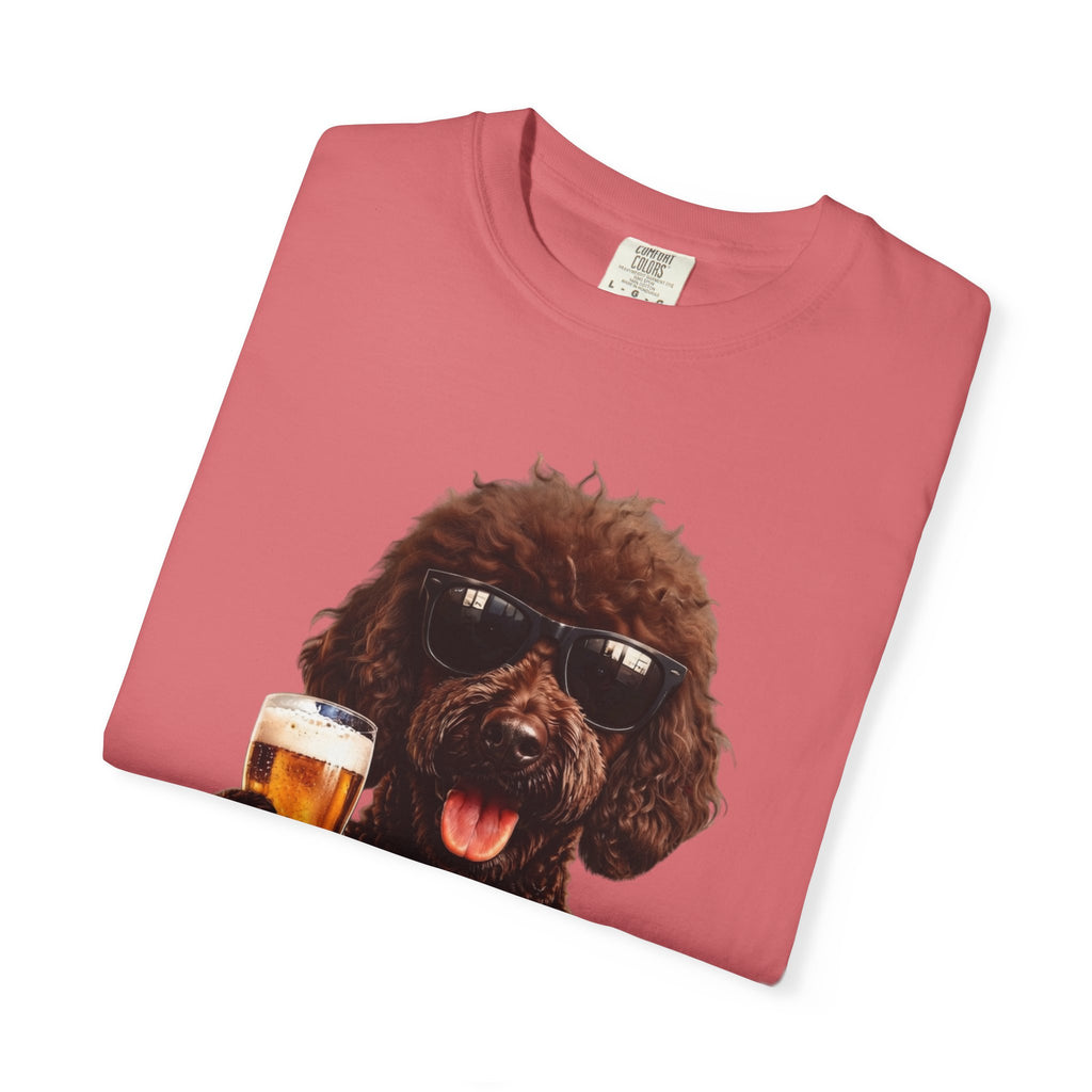RED DOODLE — Sunglasses on. Beer in paw. Good times ahead.