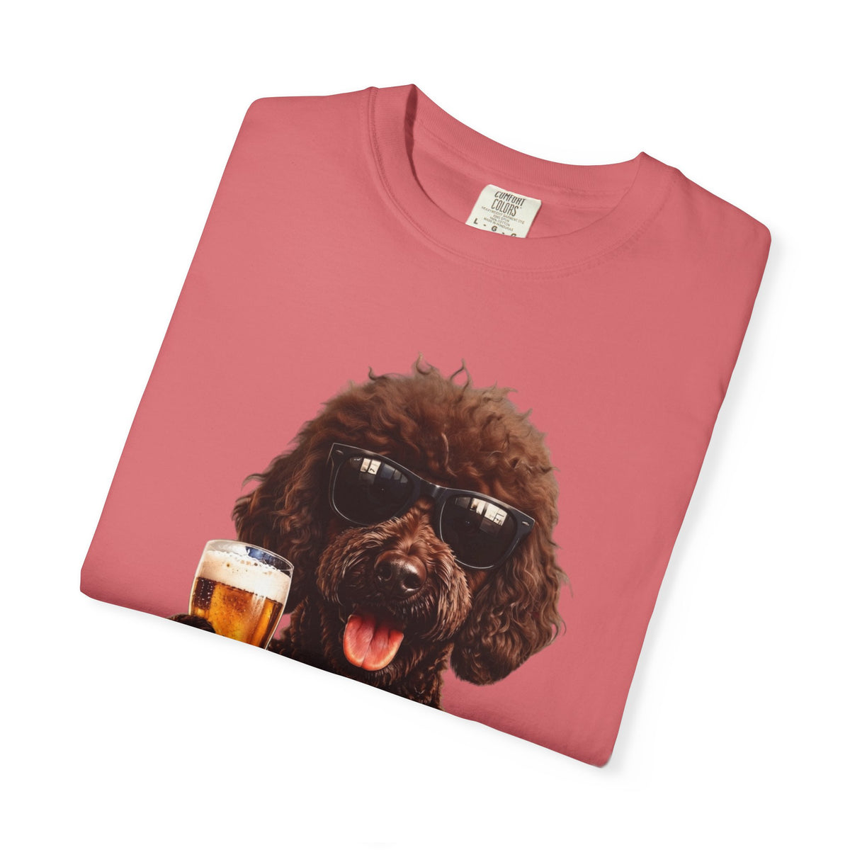 RED DOODLE — Sunglasses on. Beer in paw. Good times ahead.