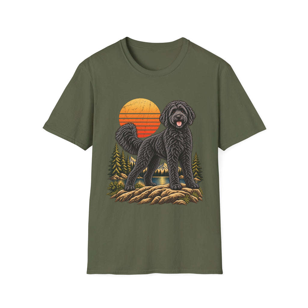 Black Labradoodle Shirt, Labradoodle Sunset Graphic Tee, Adventure Dog T-Shirt, Hiking Dog Lover Gift