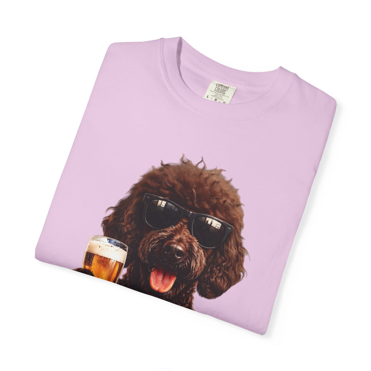 RED DOODLE — Sunglasses on. Beer in paw. Good times ahead.