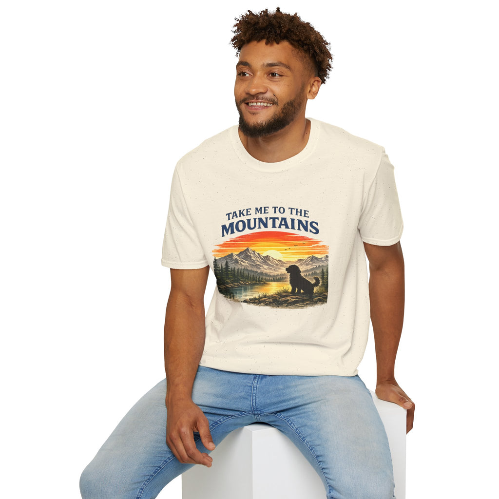 Take Me to the Mountains T‑Shirt — Sunset Mountain Landscape with Dog