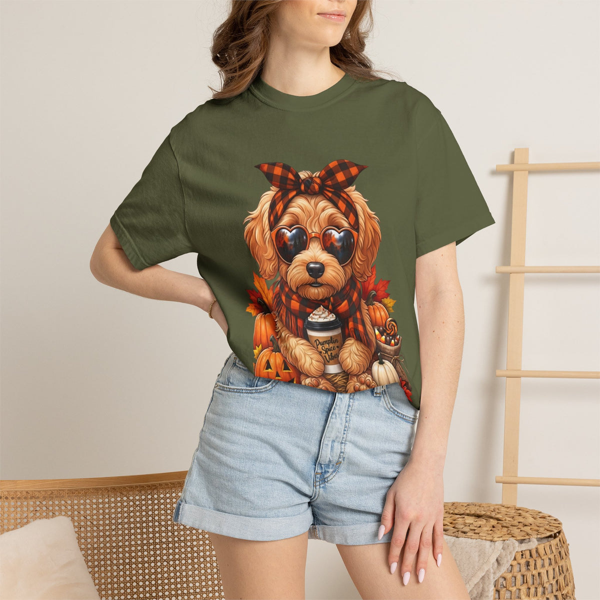 Funny Doodle Drinking Coffee & Sitting On Pumpkins Fall T-Shirt