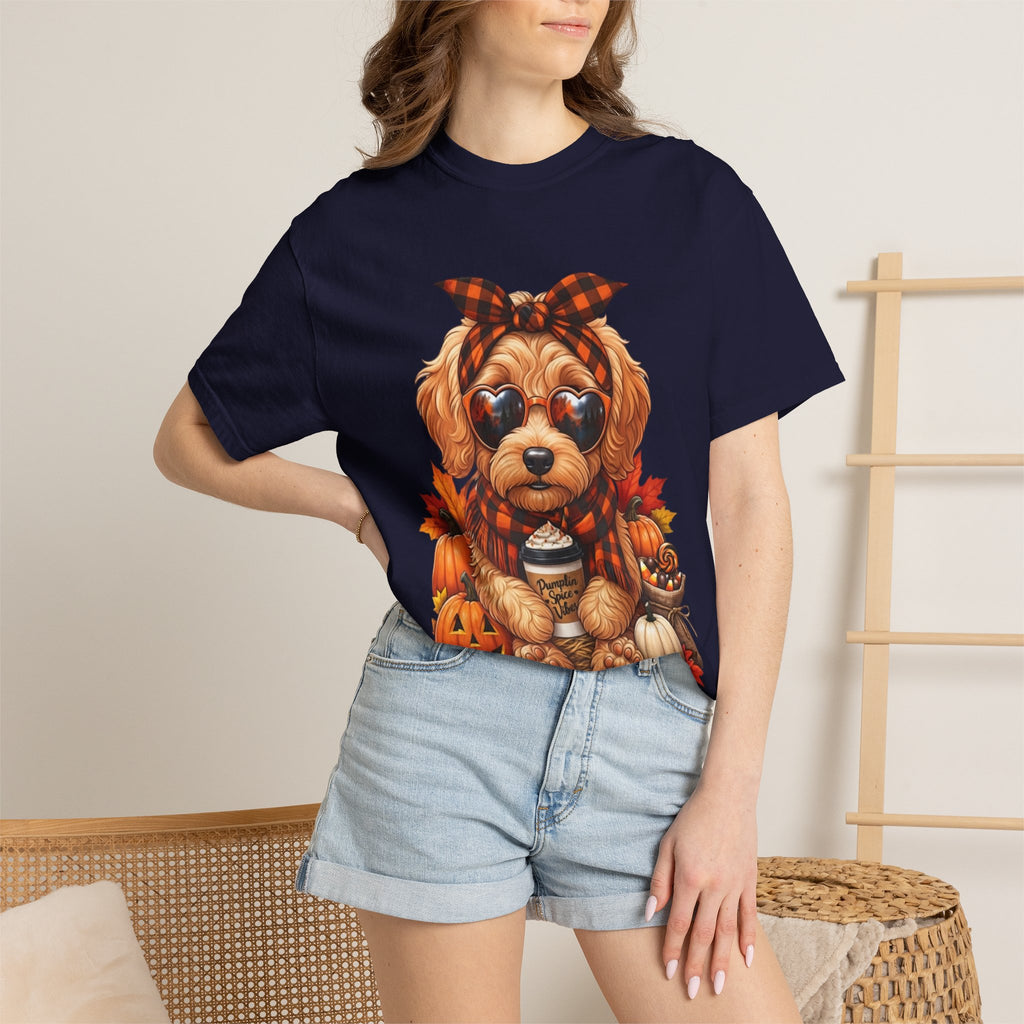 Funny Doodle Drinking Coffee & Sitting On Pumpkins Fall T-Shirt
