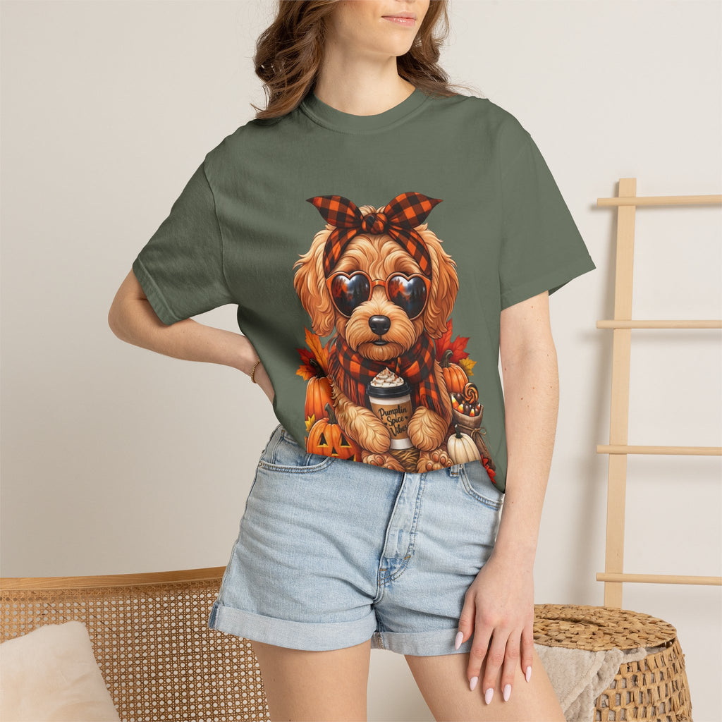 Funny Doodle Drinking Coffee & Sitting On Pumpkins Fall T-Shirt
