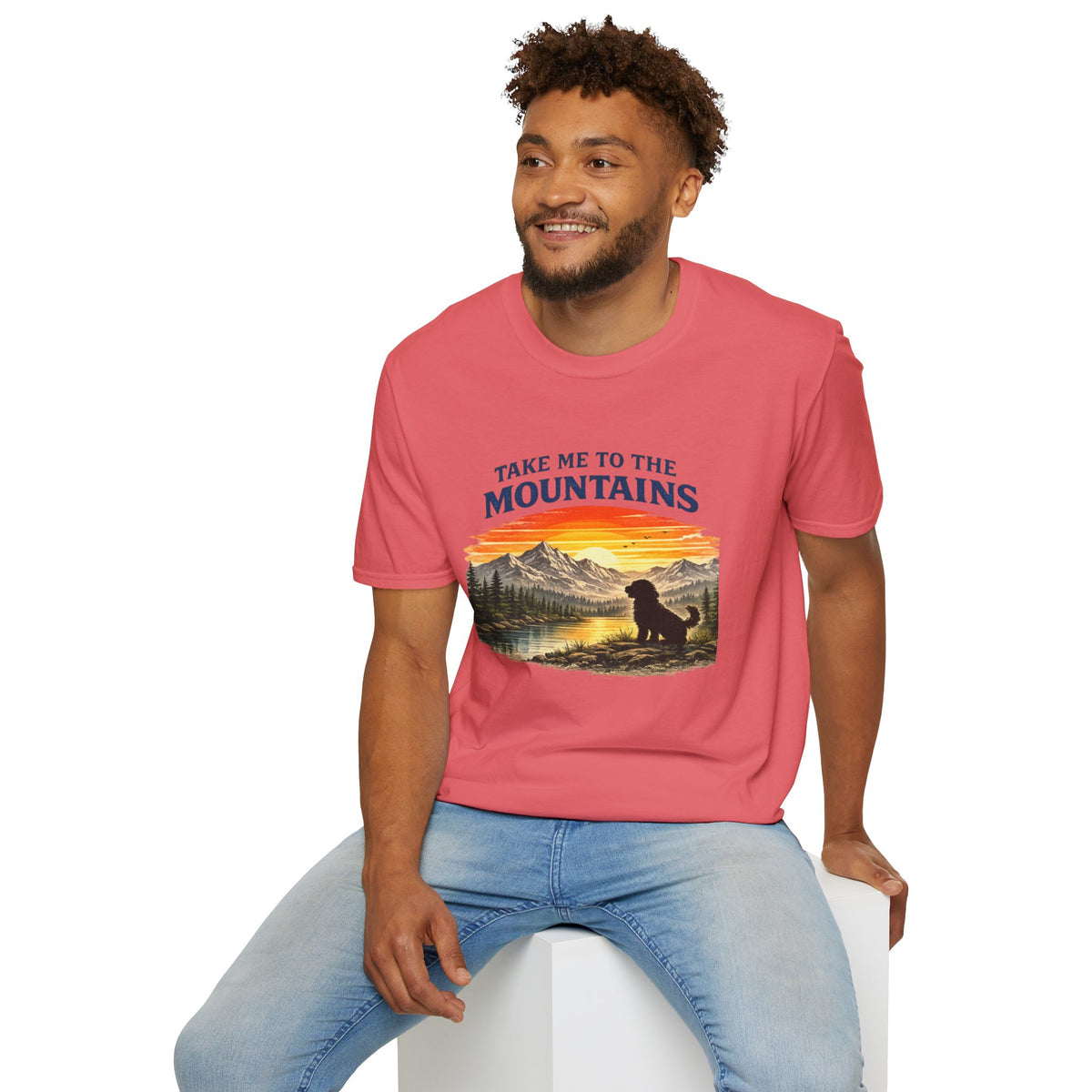 Take Me to the Mountains T‑Shirt — Sunset Mountain Landscape with Dog
