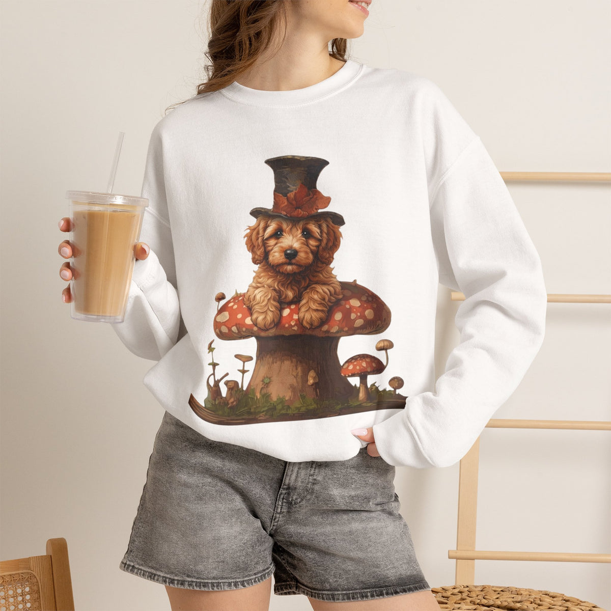 Whimsical Doodle Dog Sweatshirt, Doodle in Top Hat on Mushroom, Cute Goldendoodle Crewneck, Cottagecore Dog Lover Gift, Magical Dog Mom Pullover