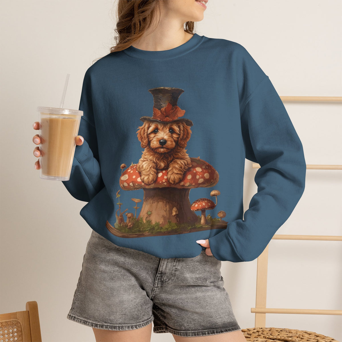 Whimsical Doodle Dog Sweatshirt, Doodle in Top Hat on Mushroom, Cute Goldendoodle Crewneck, Cottagecore Dog Lover Gift, Magical Dog Mom Pullover