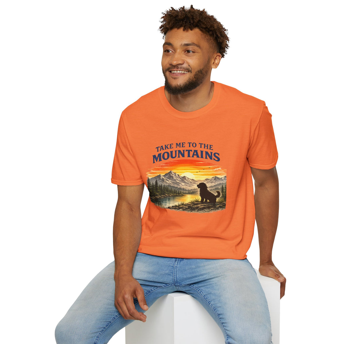 Take Me to the Mountains T‑Shirt — Sunset Mountain Landscape with Dog
