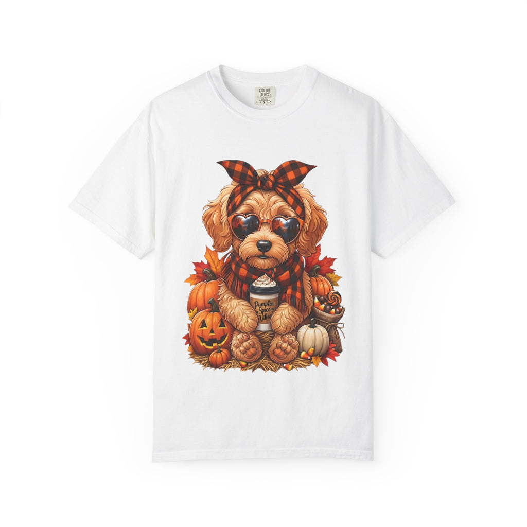 Funny Doodle Drinking Coffee & Sitting On Pumpkins Fall T-Shirt